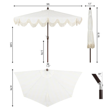 Beverly 9 ft. Designer Classic Scalloped Fringe Half Market Patio Umbrella